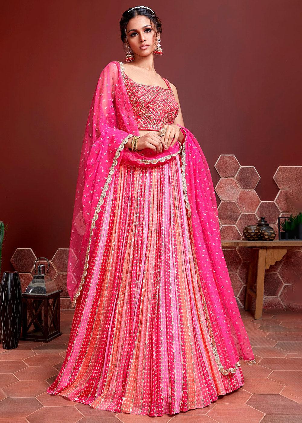 Peony Pink Bandhani Printed Chinon Silk Lehenga Choli with Embroidery & Mirror work - qivii