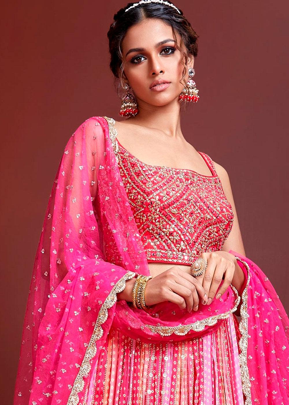 Peony Pink Bandhani Printed Chinon Silk Lehenga Choli with Embroidery & Mirror work - qivii