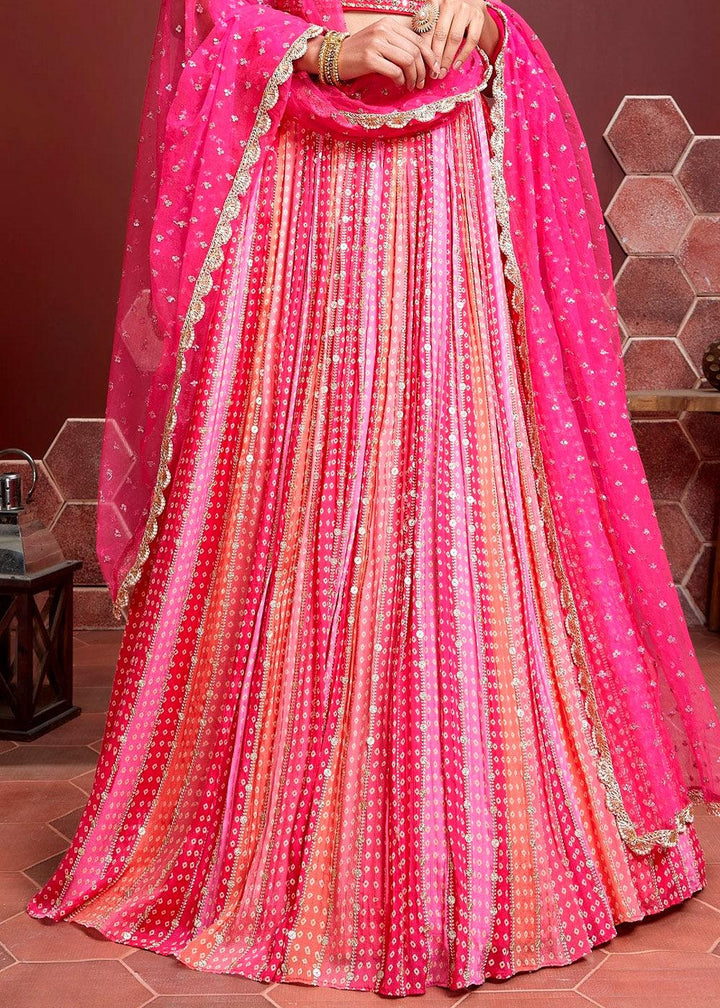 Peony Pink Bandhani Printed Chinon Silk Lehenga Choli with Embroidery & Mirror work - qivii