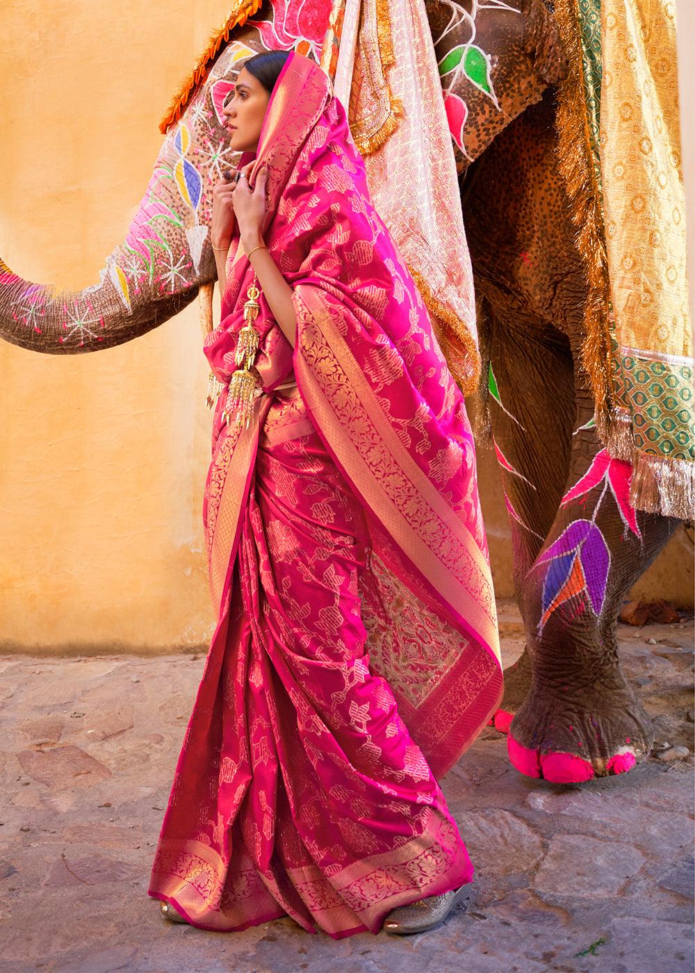 Peony Pink Handloom Weave Soft Banarasi Silk Saree | Stitched Blouse - qivii