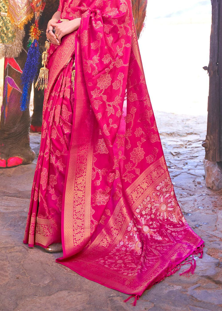 Peony Pink Handloom Weave Soft Banarasi Silk Saree | Stitched Blouse - qivii