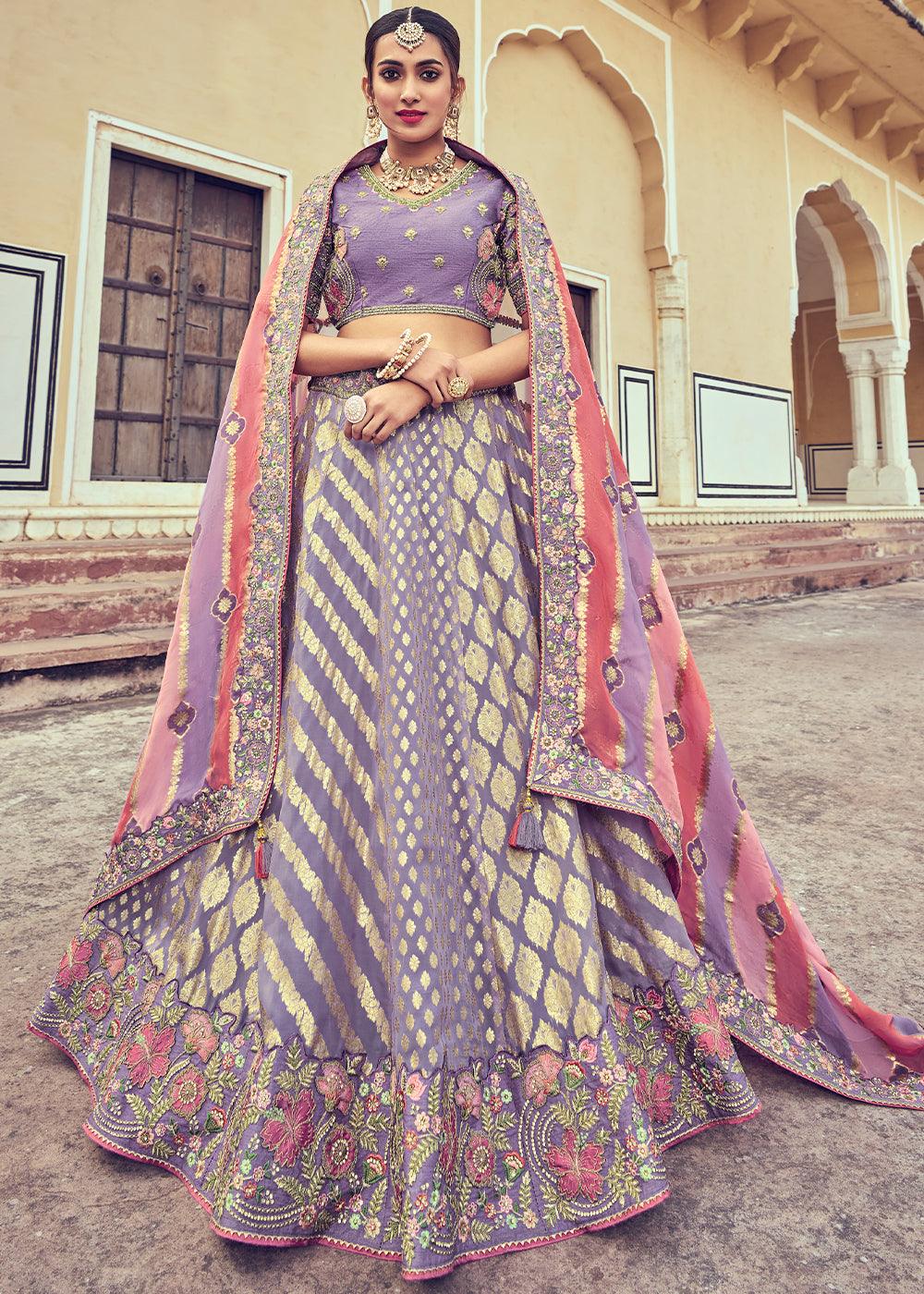 Periwinkle Purple Banarasi Silk Lehenga Choli with Khatli and Heavy Embroidered work - qivii