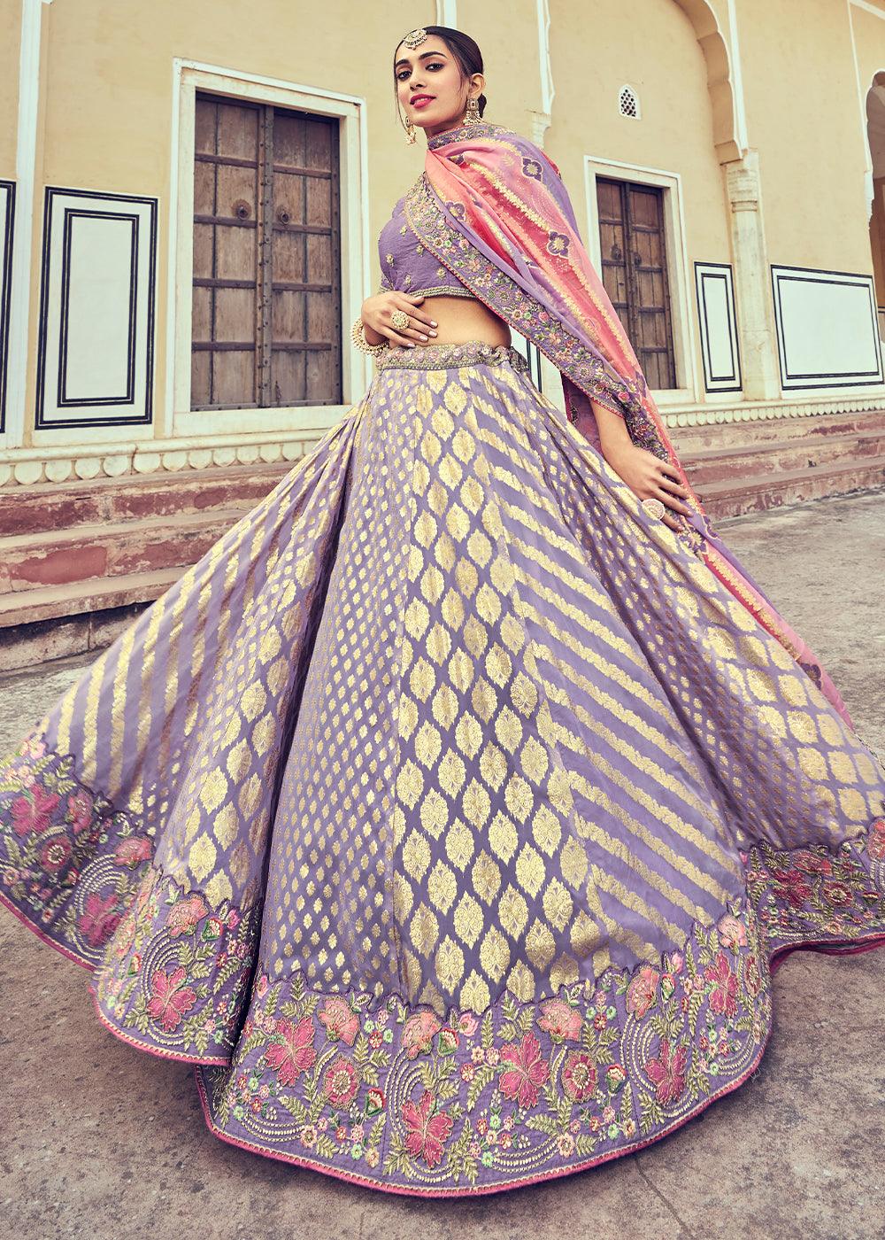 Periwinkle Purple Banarasi Silk Lehenga Choli with Khatli and Heavy Embroidered work - qivii