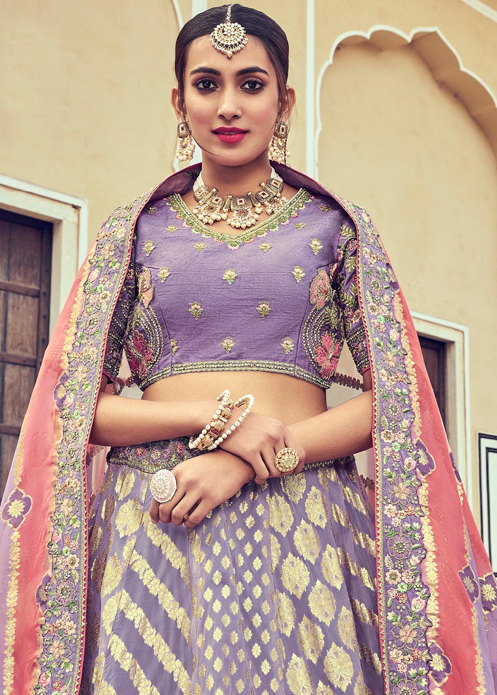 Periwinkle Purple Banarasi Silk Lehenga Choli with Khatli and Heavy Embroidered work - qivii