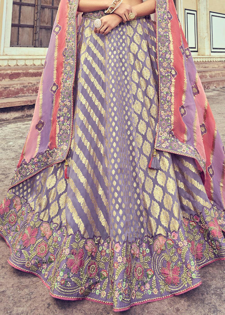 Periwinkle Purple Banarasi Silk Lehenga Choli with Khatli and Heavy Embroidered work - qivii