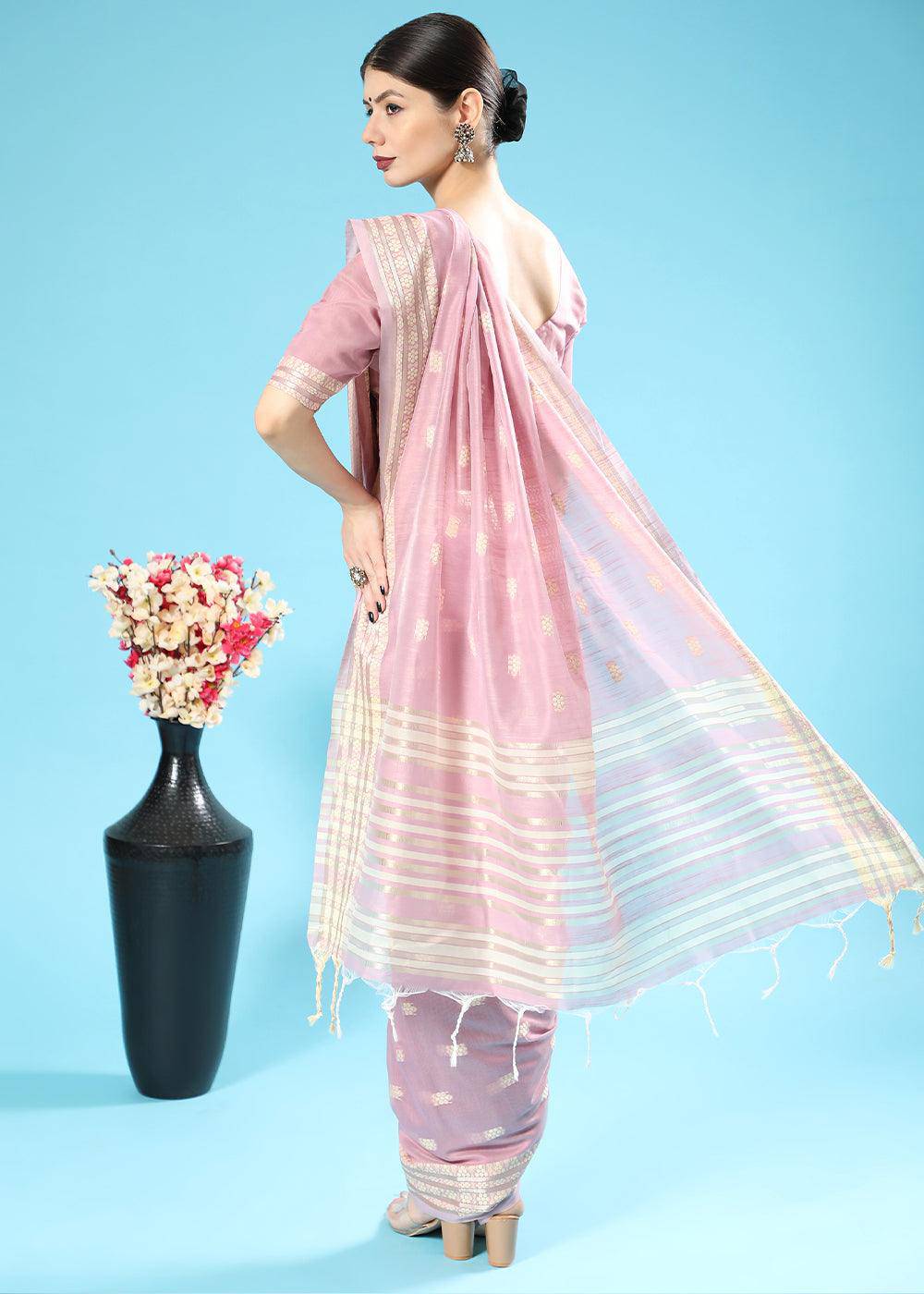 Periwinkle Purple Chikankari Weaving Cotton Saree | Stitched Blouse - qivii