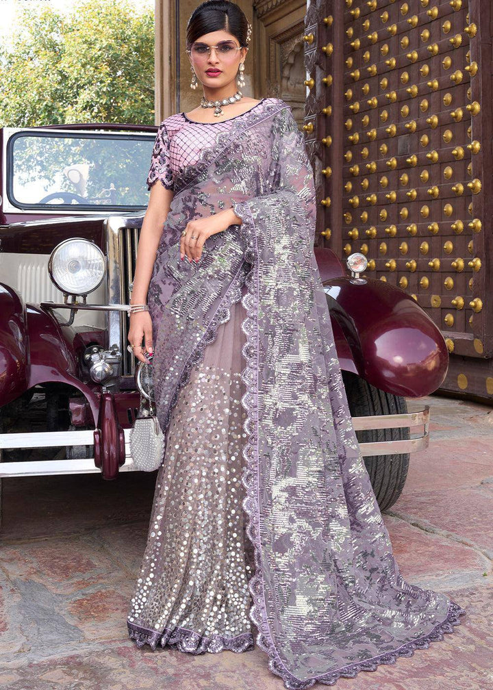 Periwinkle Purple Digital Net Saree with Mirror & Foil work and Sequence Pallu | Stitched Blouse - qivii