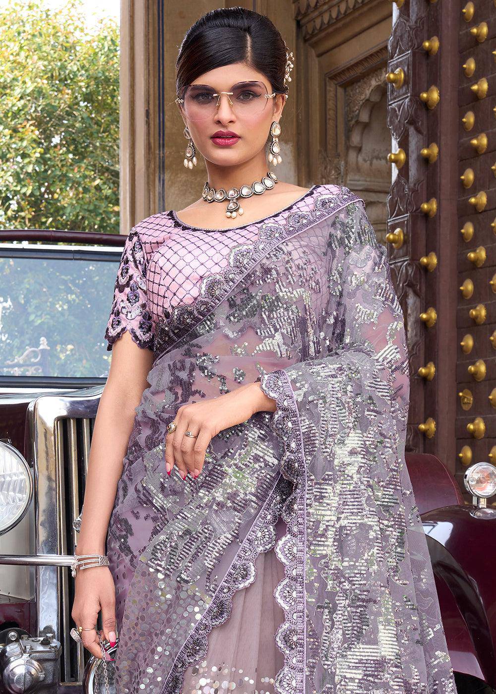 Periwinkle Purple Digital Net Saree with Mirror & Foil work and Sequence Pallu | Stitched Blouse - qivii