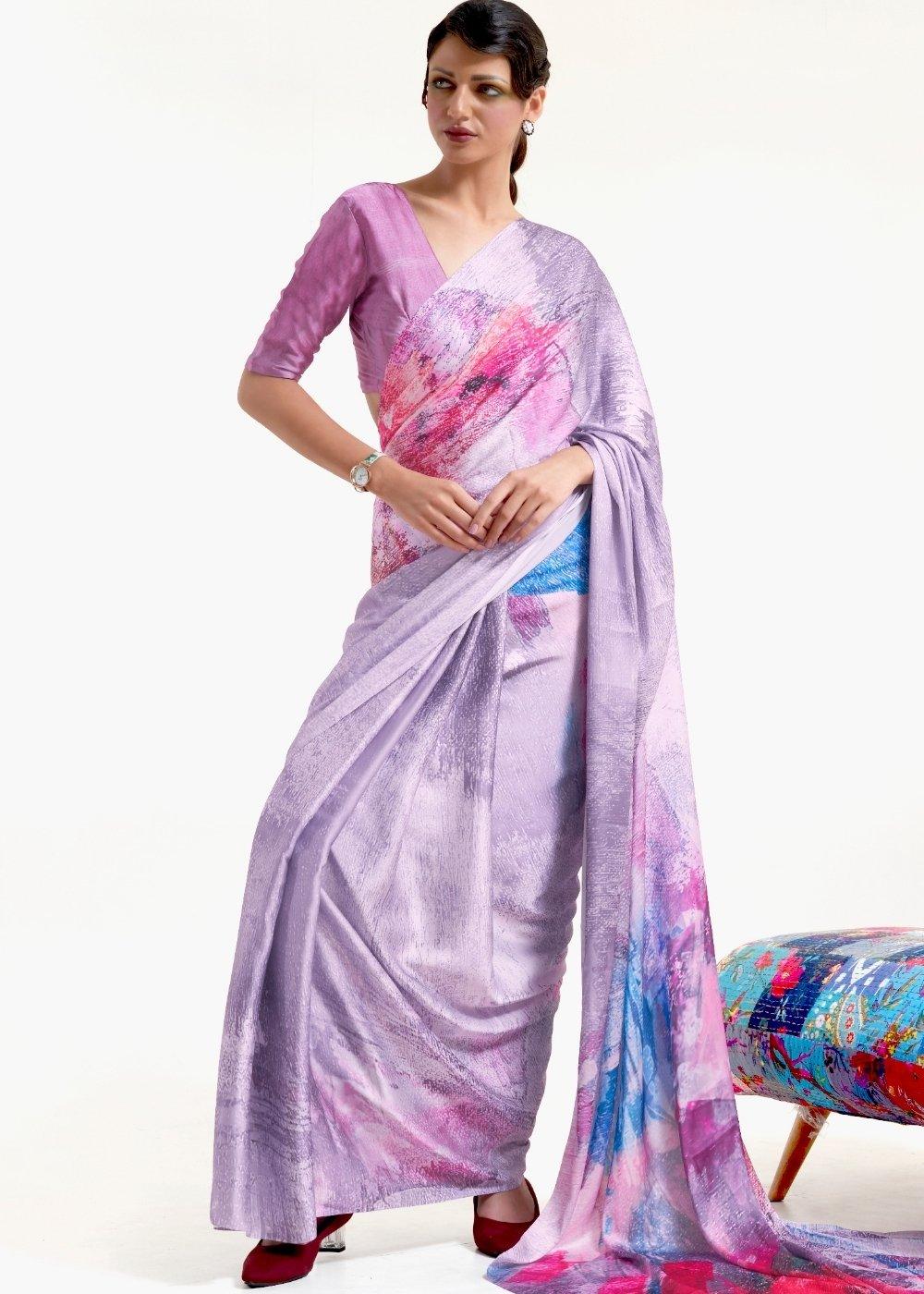 Periwinkle Purple Digital Printed Satin Crepe Saree | Stitched Blouse - qivii