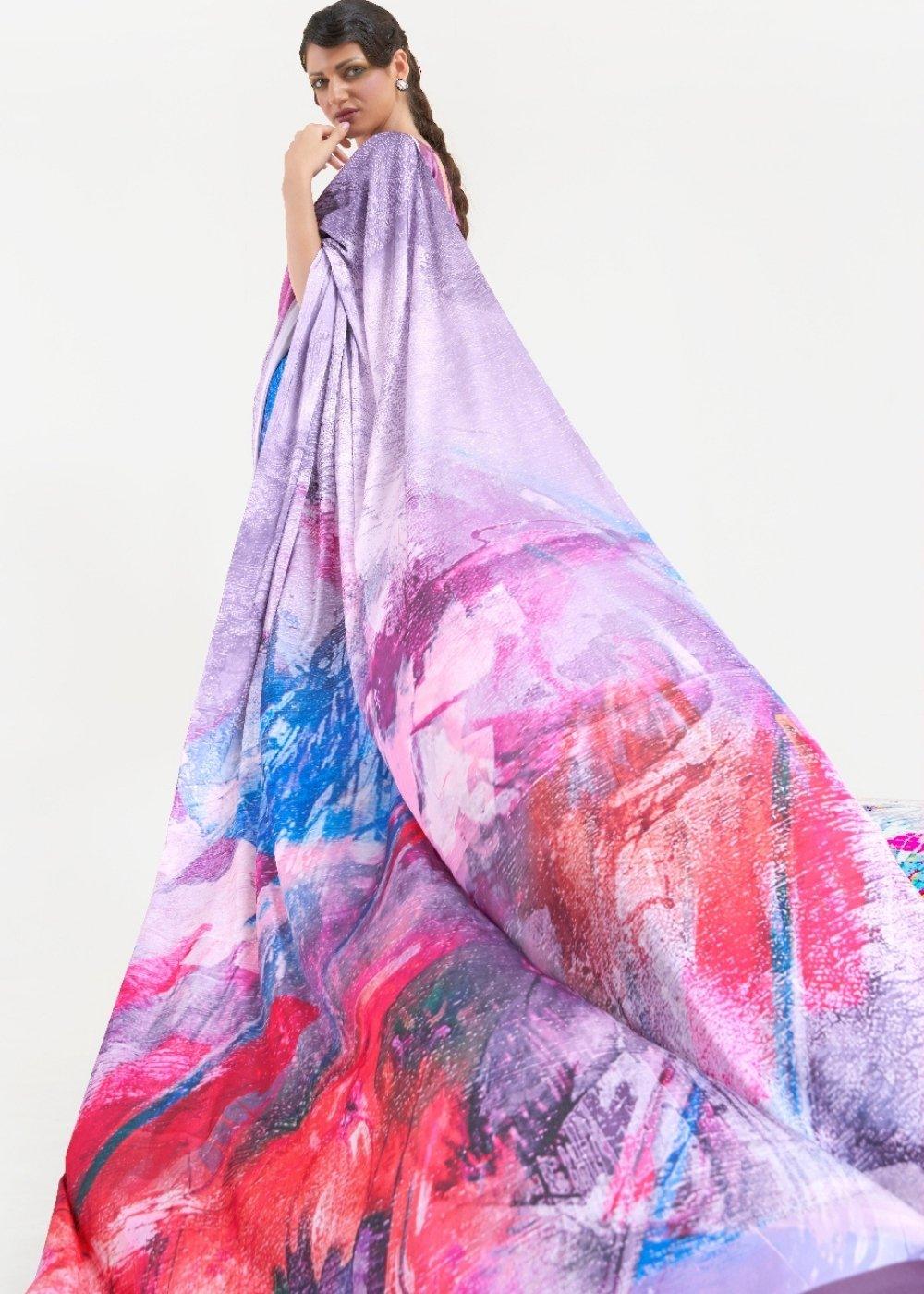 Periwinkle Purple Digital Printed Satin Crepe Saree | Stitched Blouse - qivii