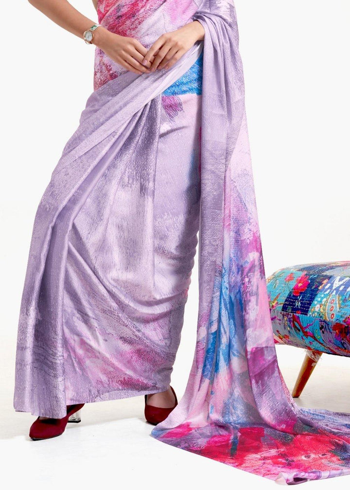 Periwinkle Purple Digital Printed Satin Crepe Saree | Stitched Blouse - qivii