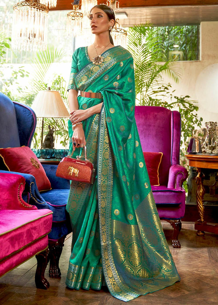 Persian Green Kanjivaram Silk Saree Woven with Silver & Golden Zari | Stitched Blouse - qivii