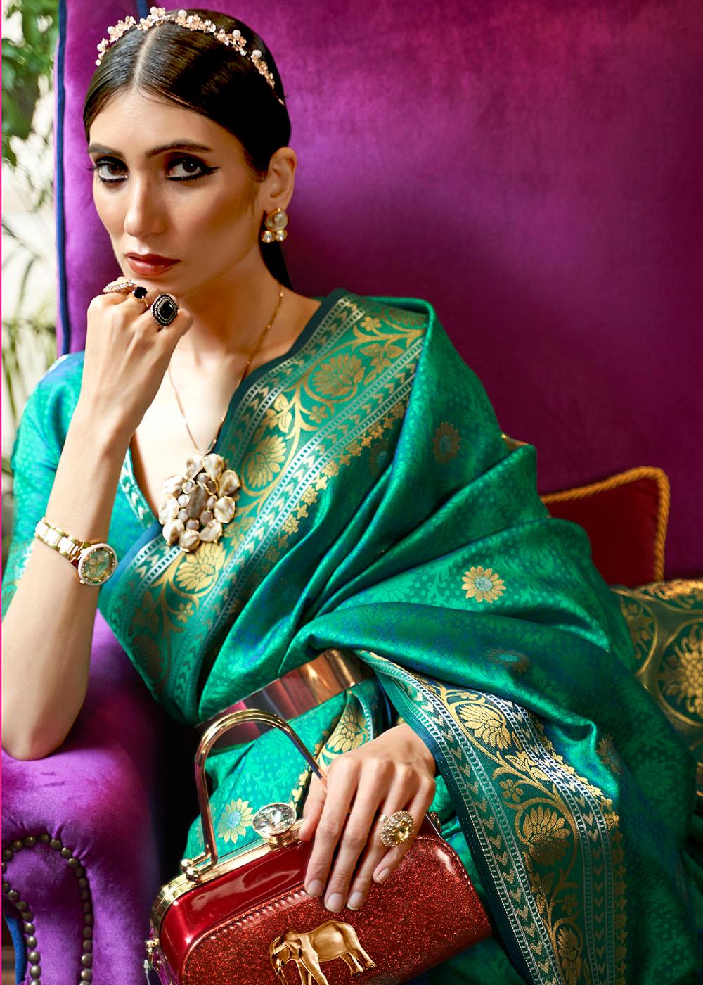 Persian Green Kanjivaram Silk Saree Woven with Silver & Golden Zari | Stitched Blouse - qivii