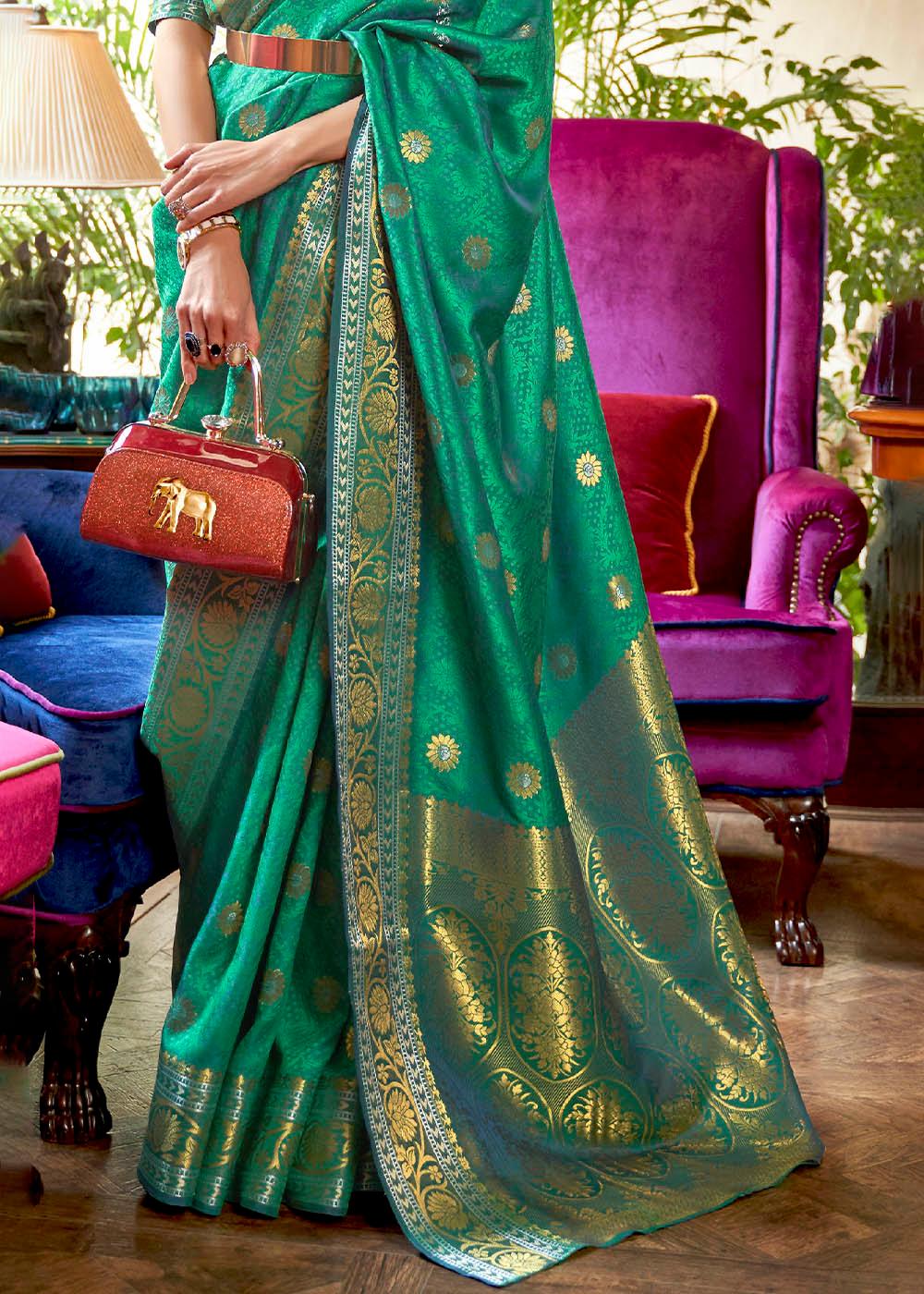 Persian Green Kanjivaram Silk Saree Woven with Silver & Golden Zari | Stitched Blouse - qivii