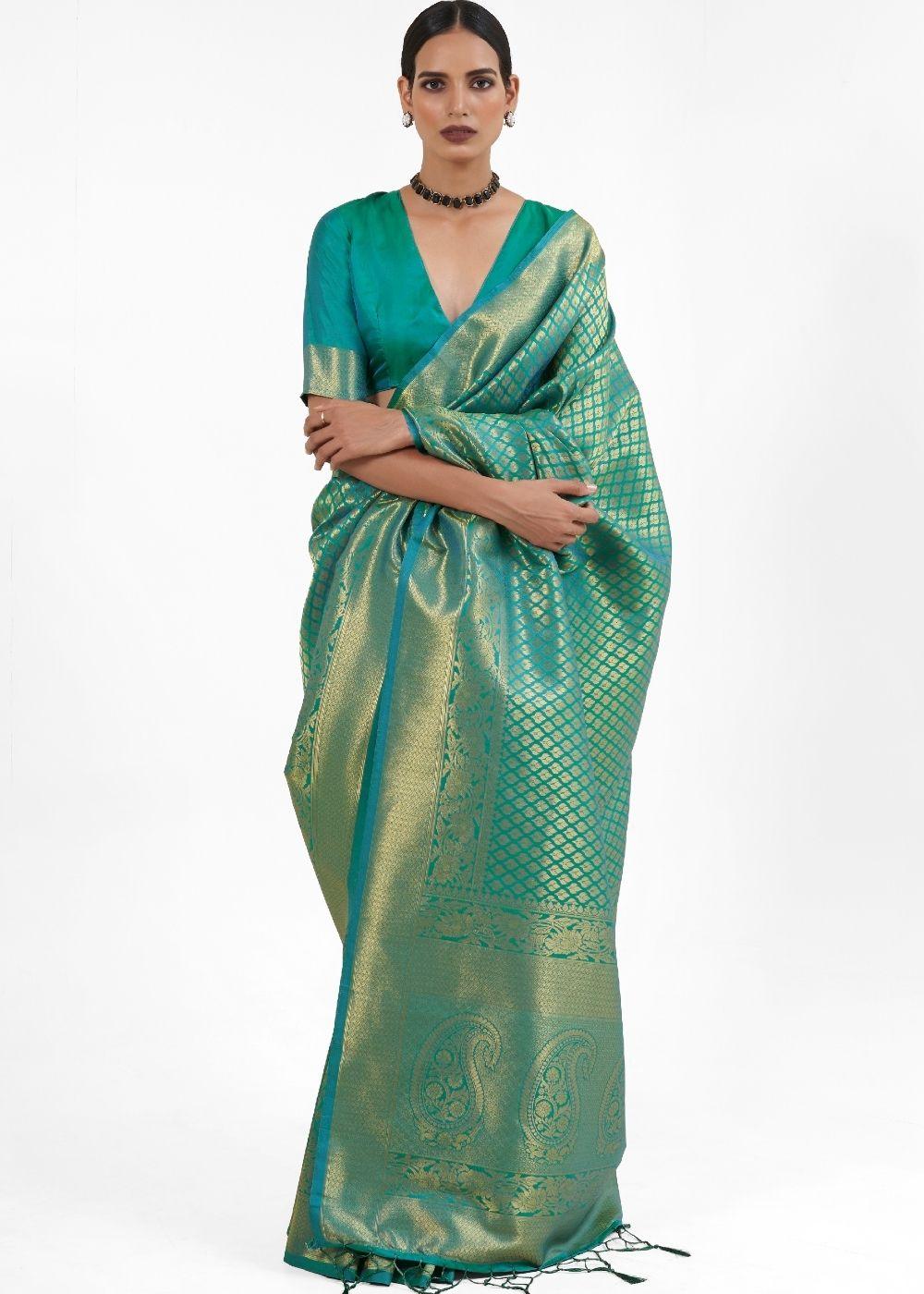 Persian Green Kanjivaram Soft Woven Silk Saree | Stitched Blouse - qivii