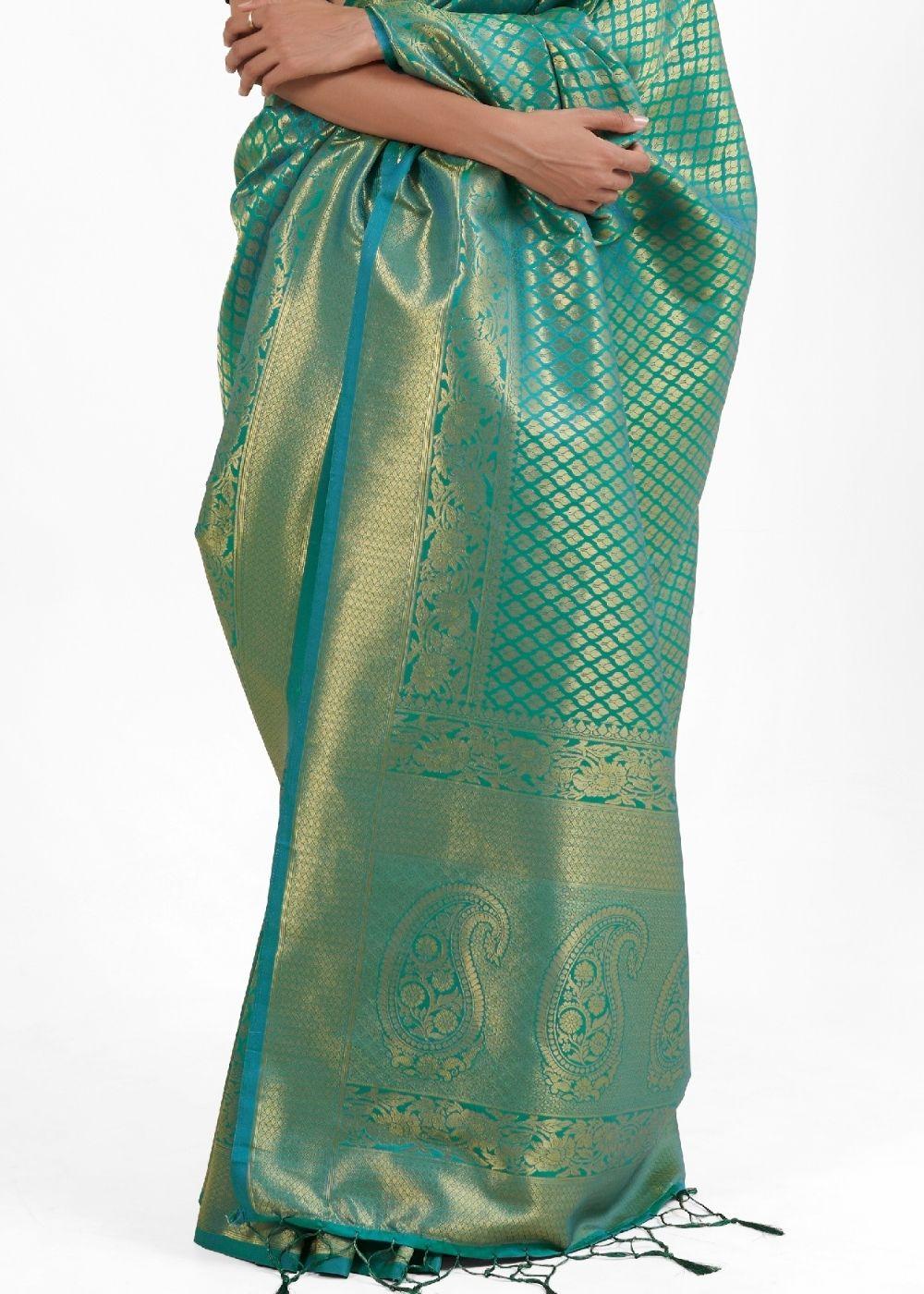 Persian Green Kanjivaram Soft Woven Silk Saree | Stitched Blouse - qivii