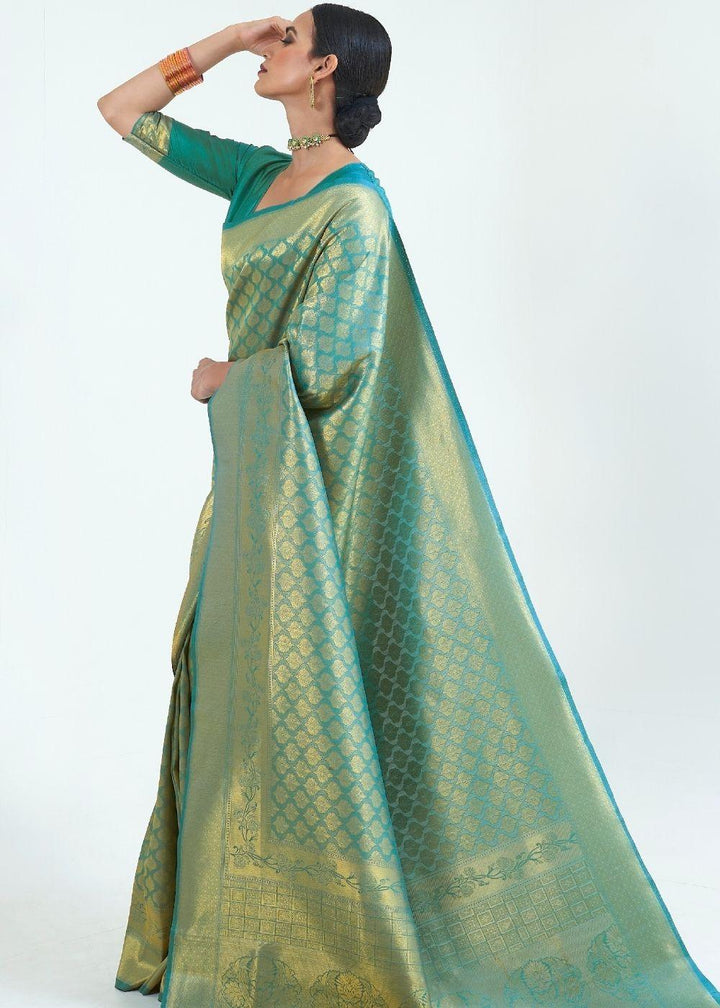 Persian Green Woven Kanjivaram Silk Saree : Limited Edition | Stitched Blouse - qivii