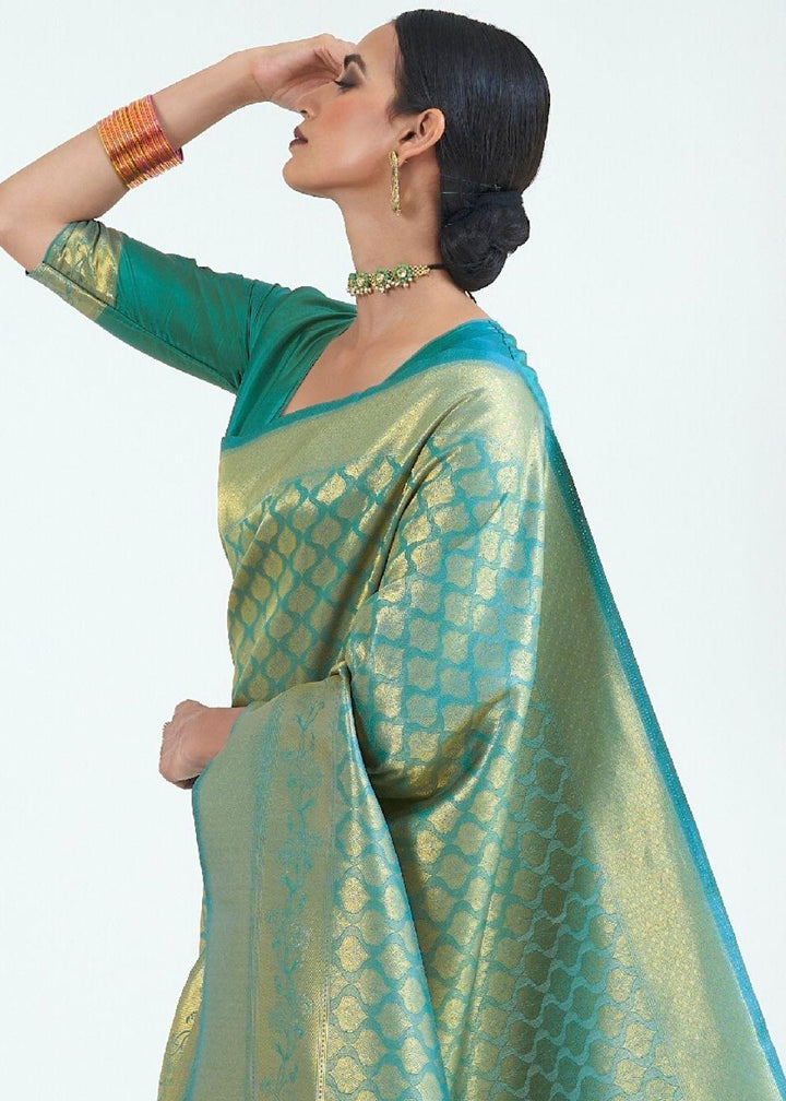 Persian Green Woven Kanjivaram Silk Saree : Limited Edition | Stitched Blouse - qivii