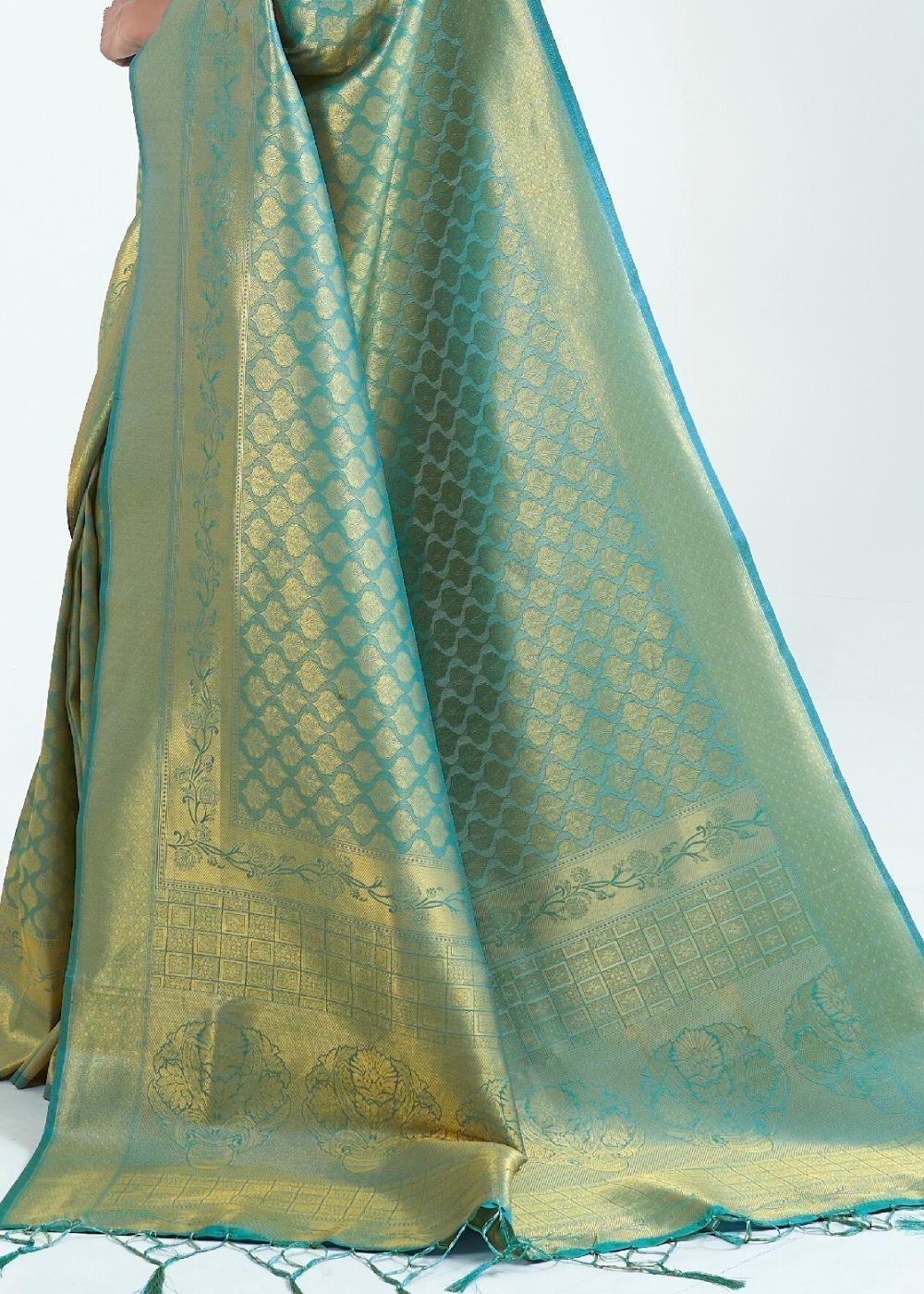 Persian Green Woven Kanjivaram Silk Saree : Limited Edition | Stitched Blouse - qivii