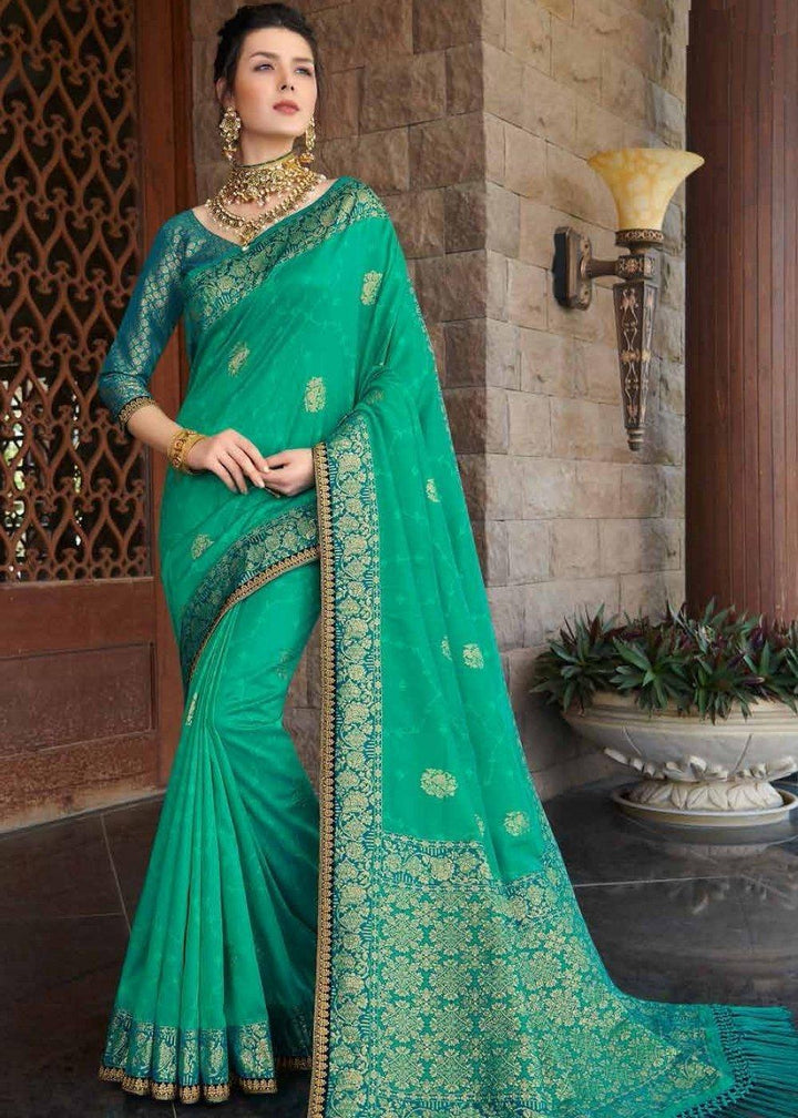 Persian Green Zari Woven Banarasi Silk Saree with Brocade Blouse | Stitched Blouse - qivii