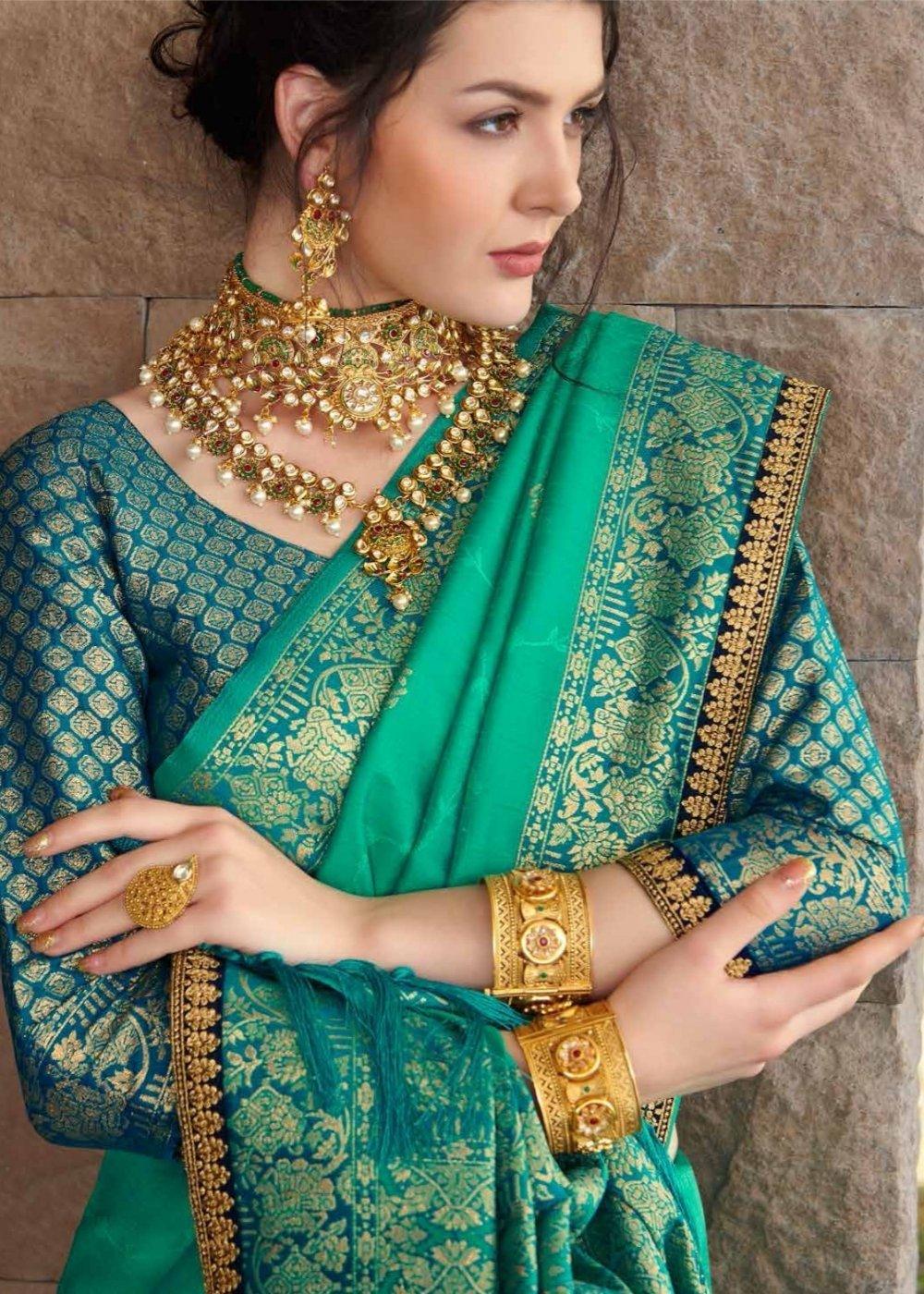 Persian Green Zari Woven Banarasi Silk Saree with Brocade Blouse | Stitched Blouse - qivii