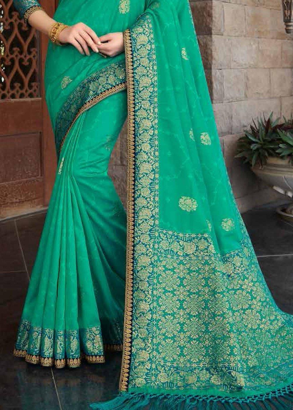 Persian Green Zari Woven Banarasi Silk Saree with Brocade Blouse | Stitched Blouse - qivii