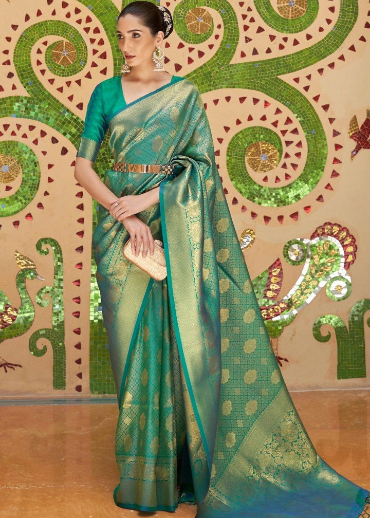 Persian Green Zari Woven Kanjivaram Silk Saree | Stitched Blouse - qivii