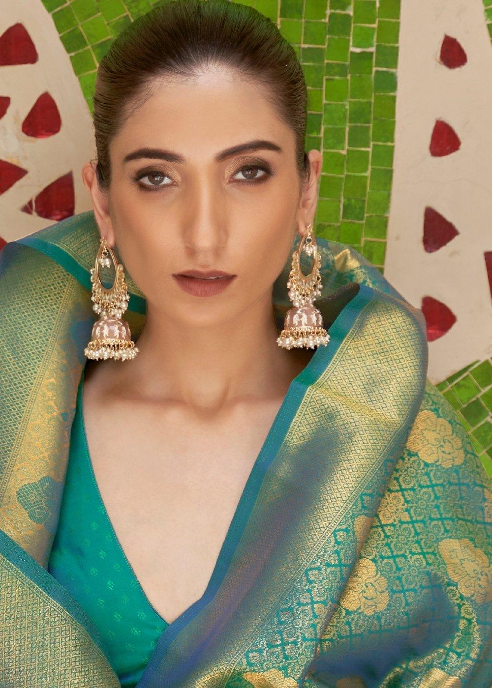 Persian Green Zari Woven Kanjivaram Silk Saree | Stitched Blouse - qivii