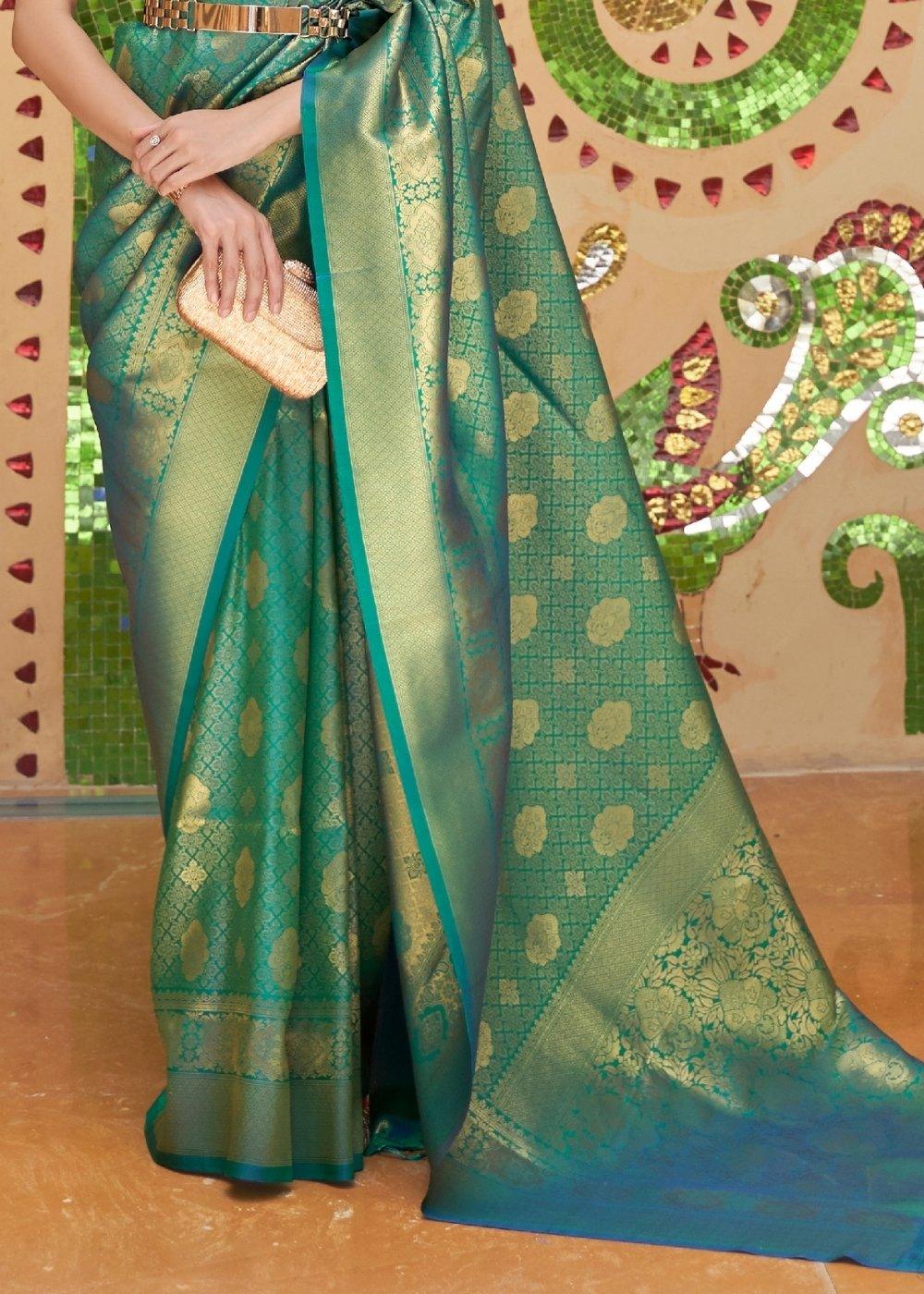 Persian Green Zari Woven Kanjivaram Silk Saree | Stitched Blouse - qivii