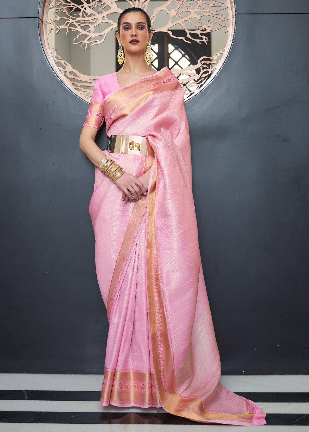 Persian Pink Woven Soft Silk Saree | Stitched Blouse - qivii