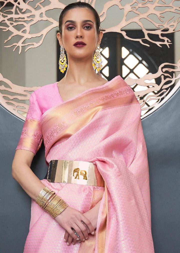 Persian Pink Woven Soft Silk Saree | Stitched Blouse - qivii