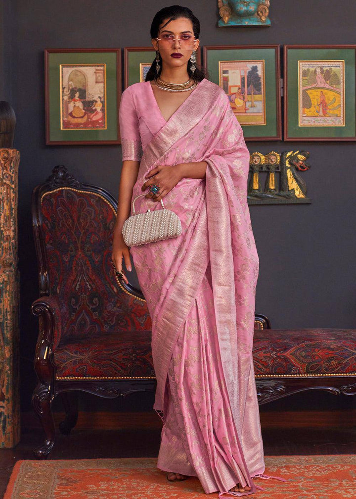 Persian Pink Zari Woven Banarasi Katan Silk Saree | Stitched Blouse - qivii