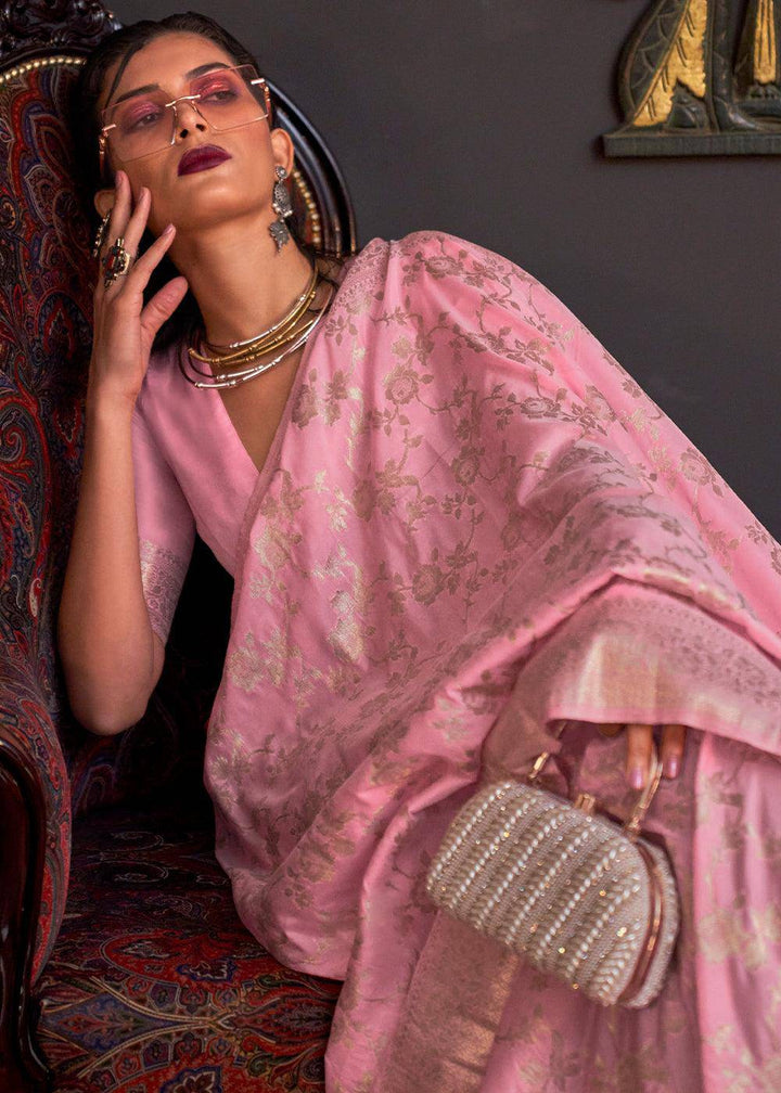 Persian Pink Zari Woven Banarasi Katan Silk Saree | Stitched Blouse - qivii