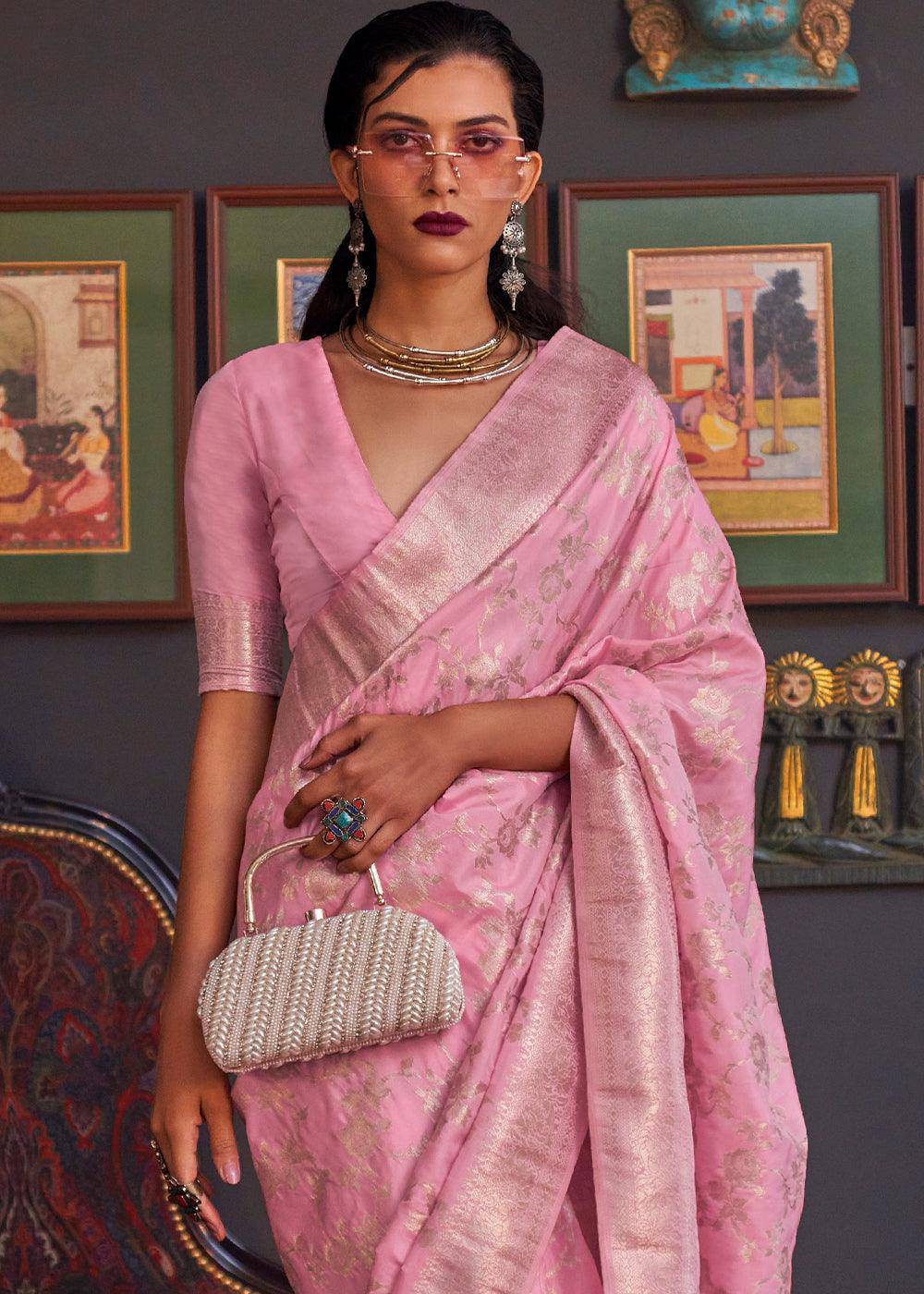 Persian Pink Zari Woven Banarasi Katan Silk Saree | Stitched Blouse - qivii