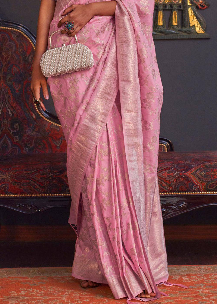 Persian Pink Zari Woven Banarasi Katan Silk Saree | Stitched Blouse - qivii