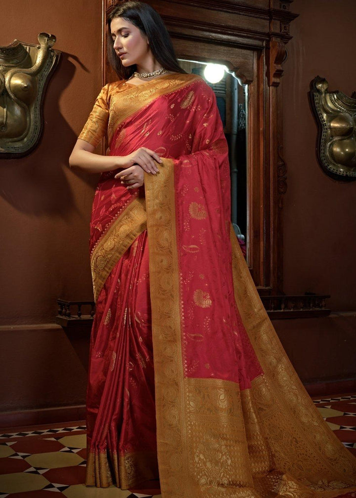 Persian Red Designer Satin Silk Saree | Stitched Blouse - qivii