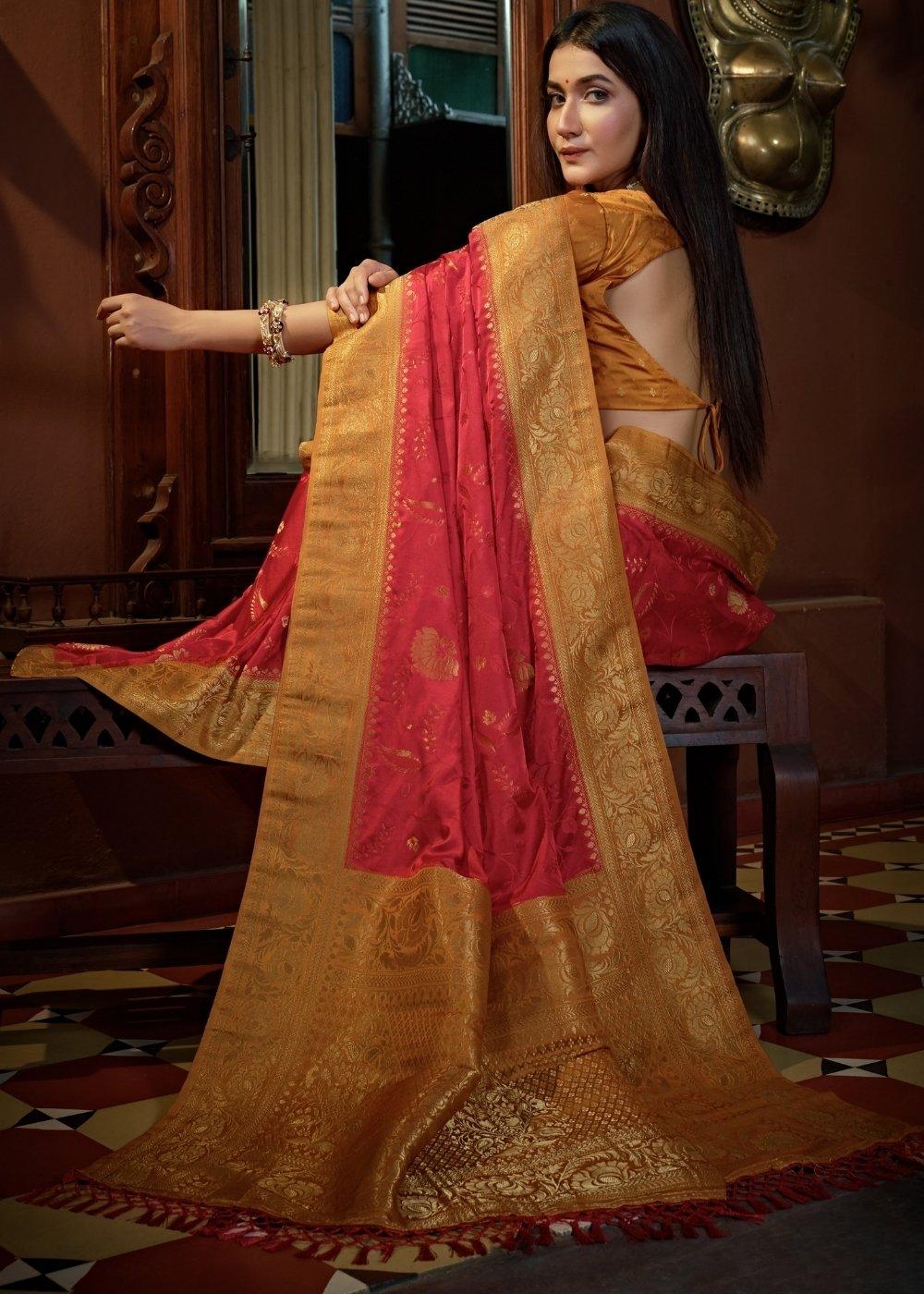 Persian Red Designer Satin Silk Saree | Stitched Blouse - qivii