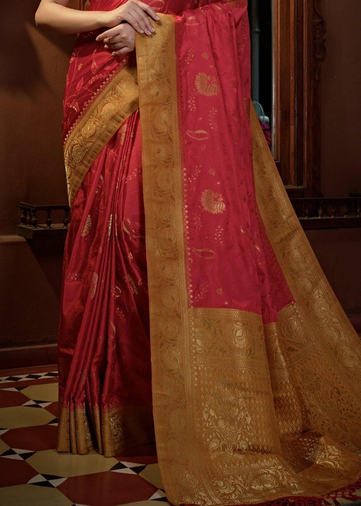 Persian Red Designer Satin Silk Saree | Stitched Blouse - qivii