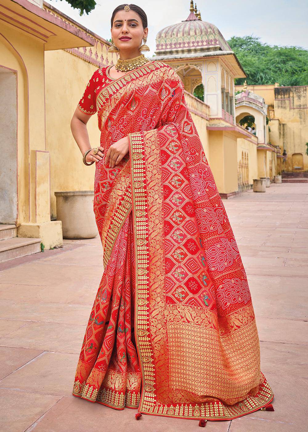 Persian Red Dola Silk Saree with Beautiful Embroidery work: Wedding Edition | Stitched Blouse - qivii