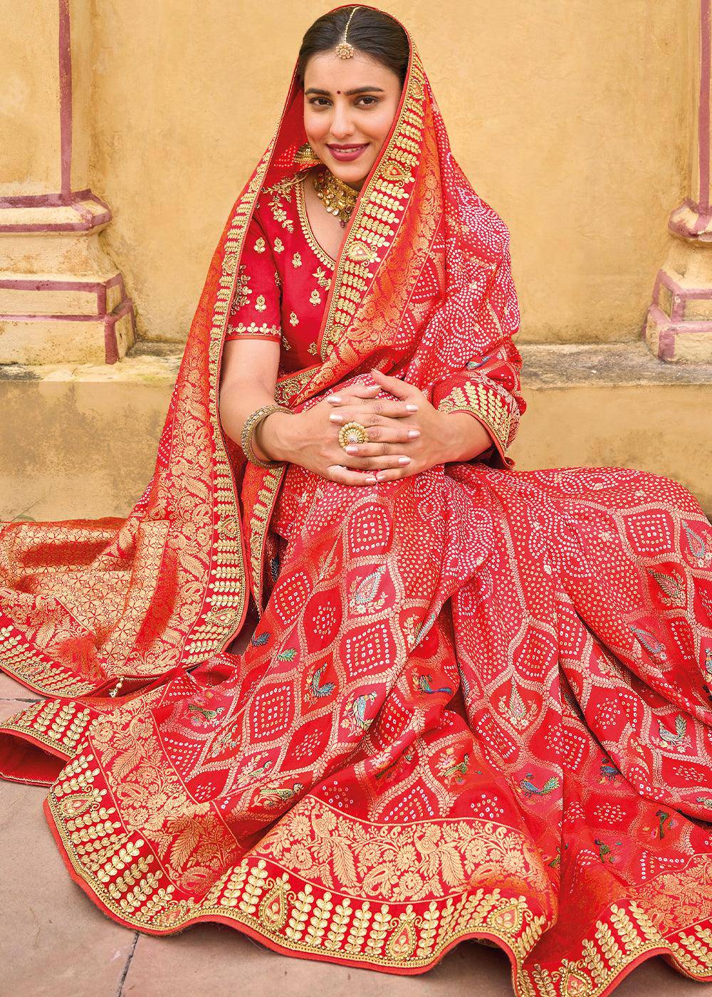 Persian Red Dola Silk Saree with Beautiful Embroidery work: Wedding Edition | Stitched Blouse - qivii