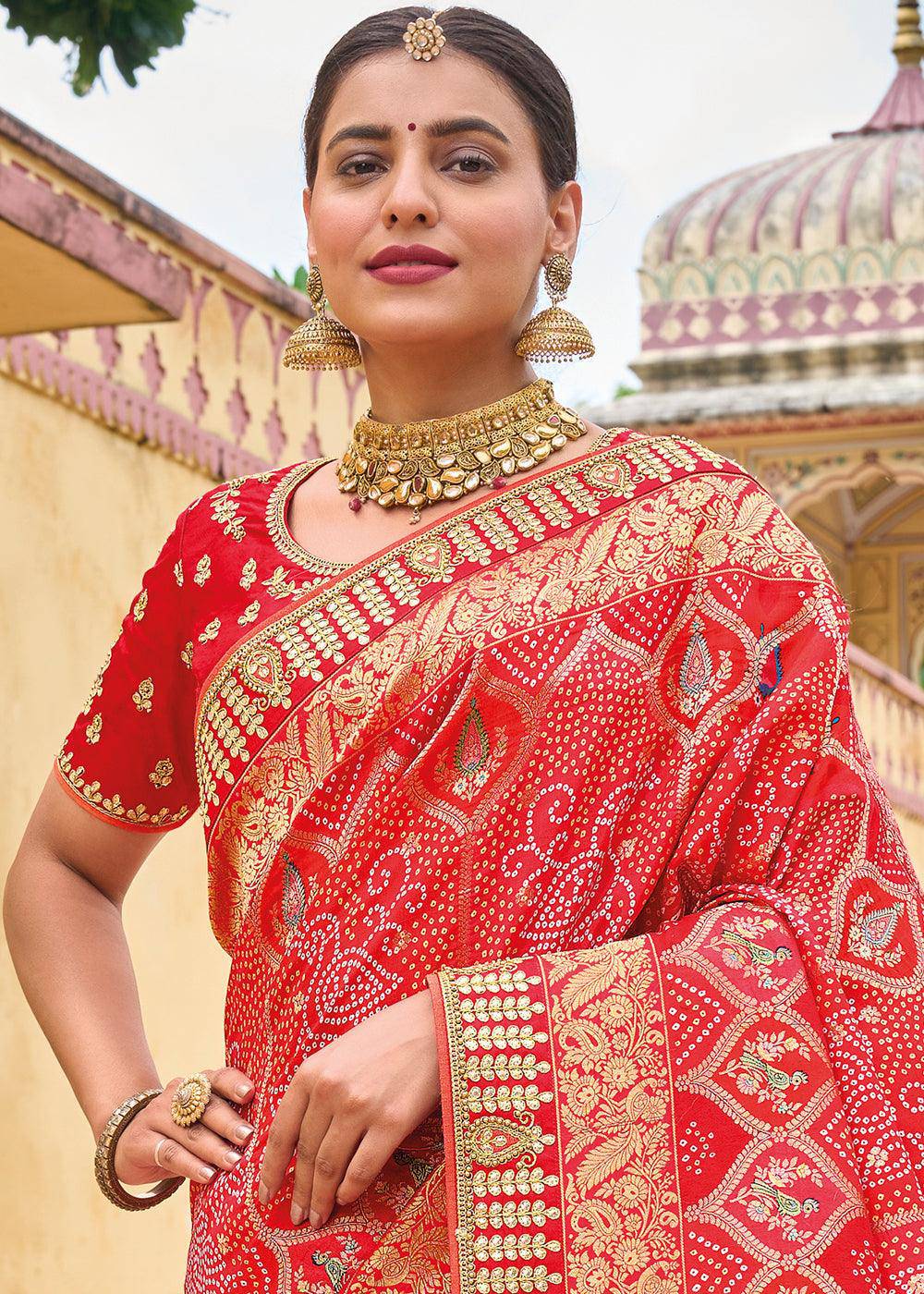 Persian Red Dola Silk Saree with Beautiful Embroidery work: Wedding Edition | Stitched Blouse - qivii