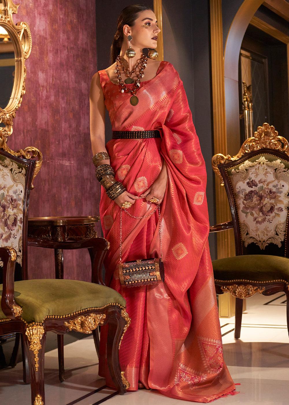 Persian Red Zari Handloom Woven Designer Silk Saree - qivii