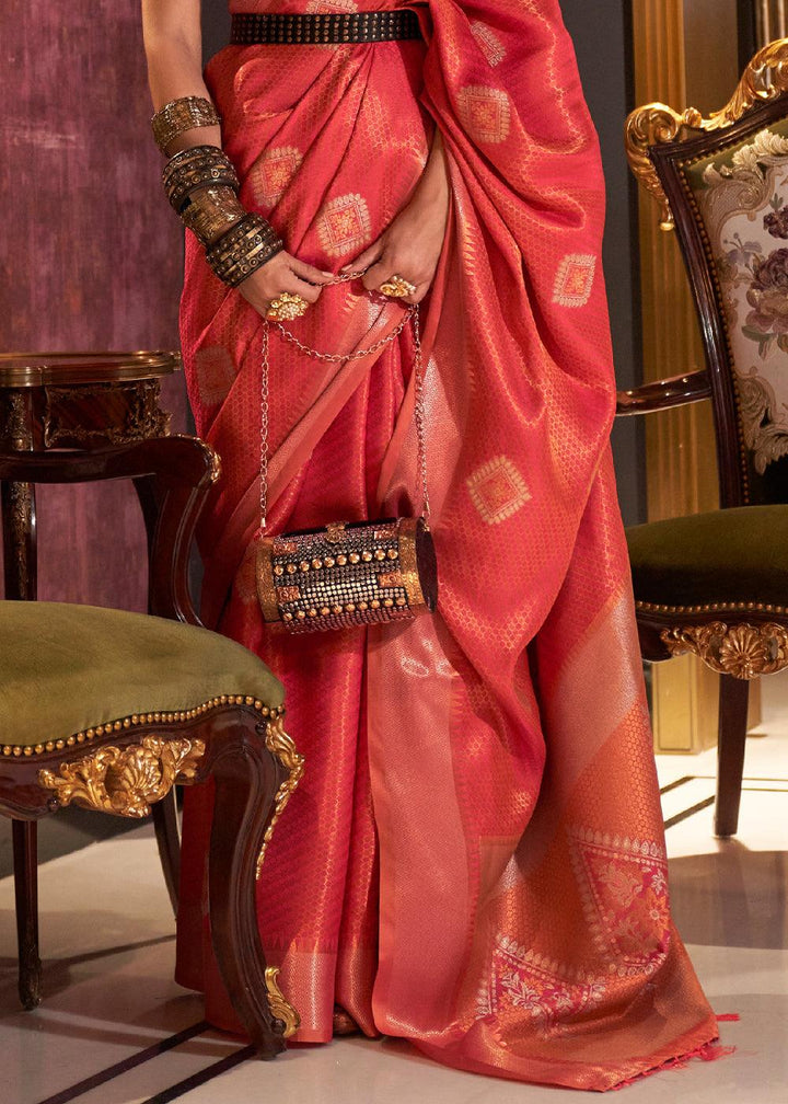 Persian Red Zari Handloom Woven Designer Silk Saree - qivii