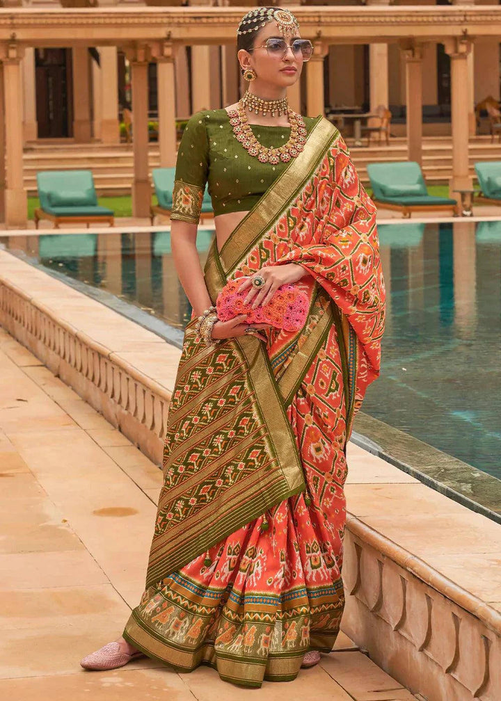 Persimmon Orange Patola Printed Smooth Silk Saree | Stitched Blouse - qivii