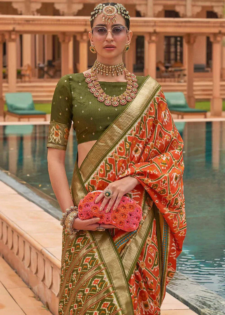 Persimmon Orange Patola Printed Smooth Silk Saree | Stitched Blouse - qivii