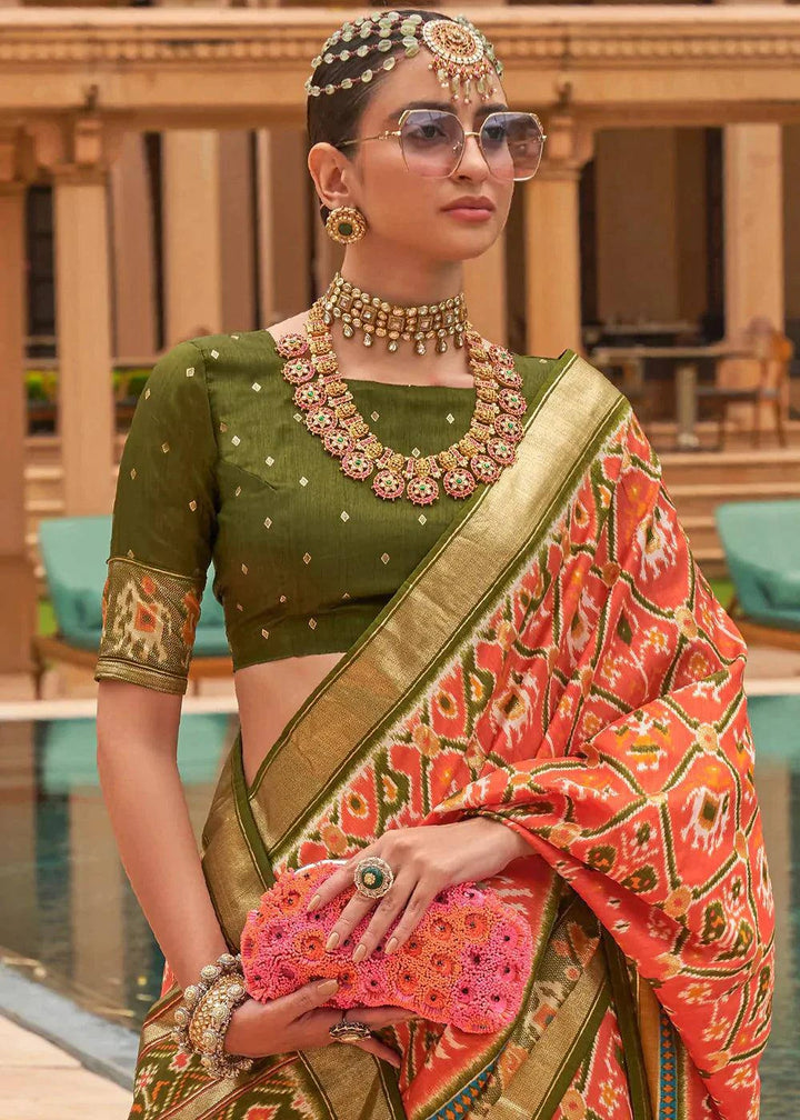 Persimmon Orange Patola Printed Smooth Silk Saree | Stitched Blouse - qivii