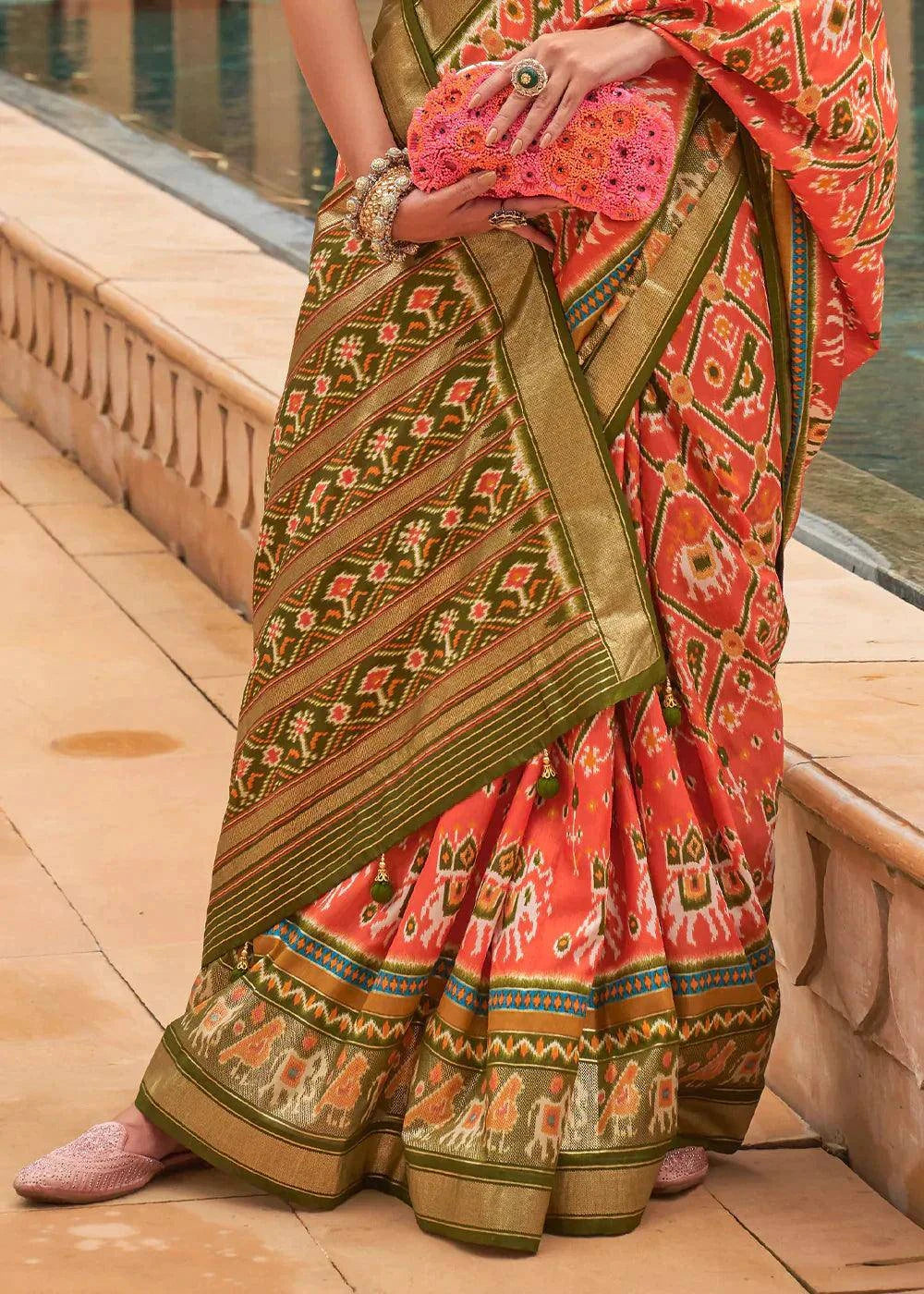 Persimmon Orange Patola Printed Smooth Silk Saree | Stitched Blouse - qivii