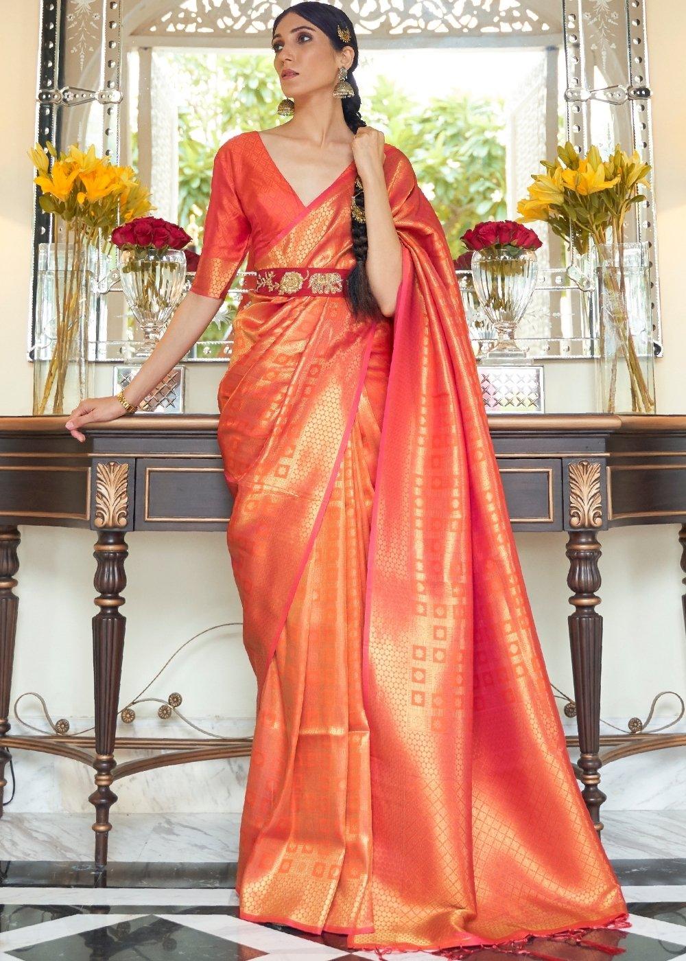 Persimmon Orange Zari Woven Kanjivaram Silk Saree with Tassels on Pallu | Stitched Blouse - qivii