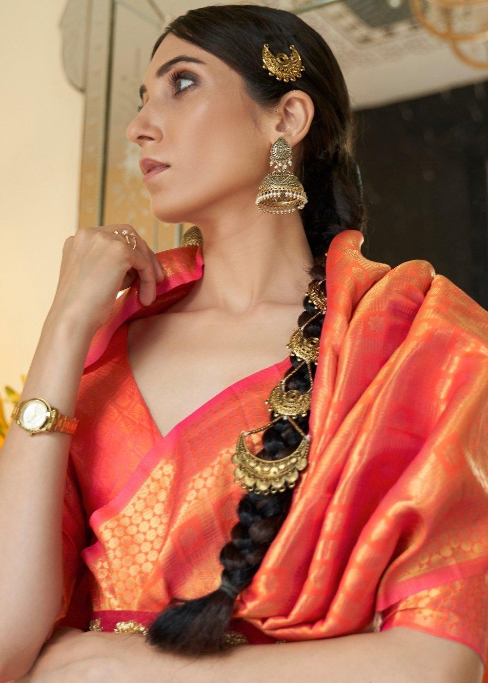 Persimmon Orange Zari Woven Kanjivaram Silk Saree with Tassels on Pallu | Stitched Blouse - qivii