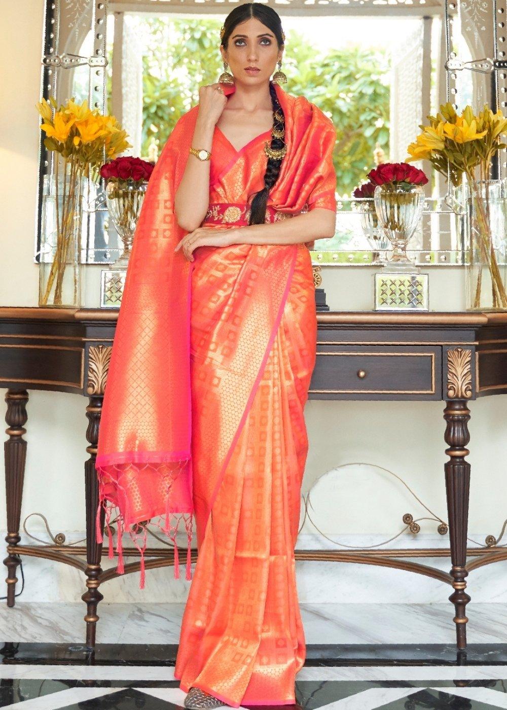 Persimmon Orange Zari Woven Kanjivaram Silk Saree with Tassels on Pallu | Stitched Blouse - qivii